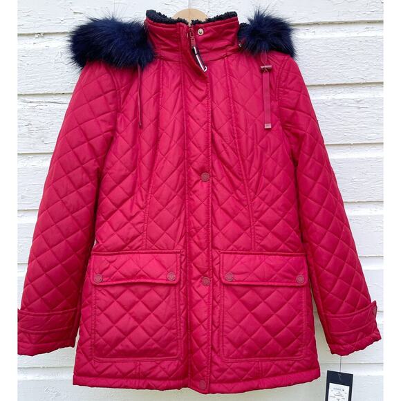 Tommy Hilfiger Jackets & Blazers - NEW Tommy Hilfiger Coat Womens S Red Quilted Hooded Parka Navy Shearling